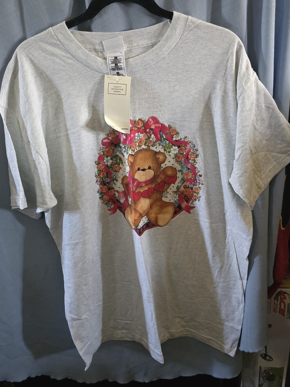 Basic Editions Gray Tee with Teddy Bear and Pink Ribbon Graphic
